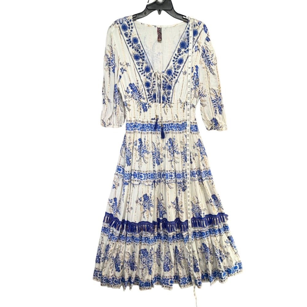 Anthropologie Me 2 Magic Tiered Dress Womens XL Blue Embroidered Tassel Tie Boho - Picture 10 of 15